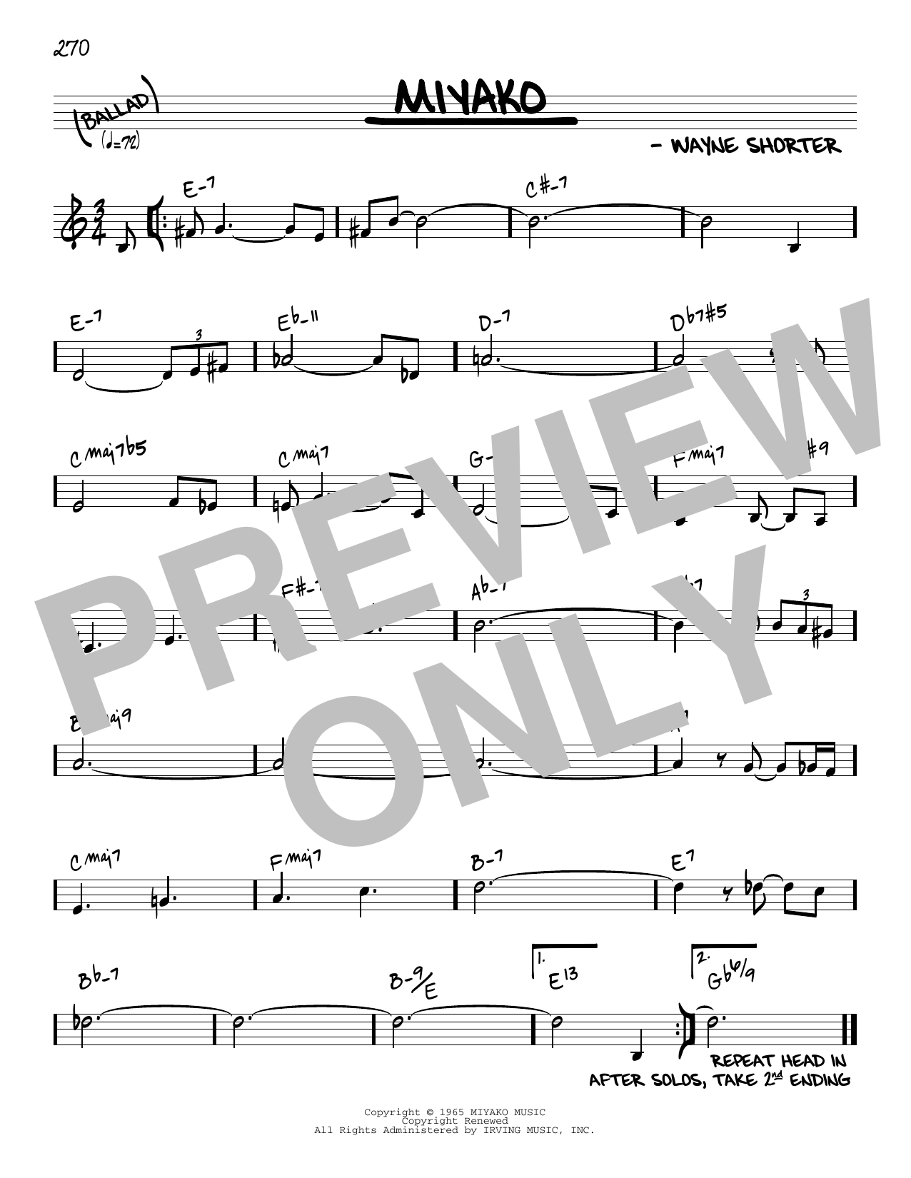 Wayne Shorter Miyako [Reharmonized version] (arr. Jack Grassel) sheet music notes and chords arranged for Real Book – Melody & Chords