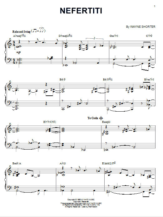 Learn to play Wayne Shorter Nefertiti (arr. Brent Edstrom) sheet music for Piano Solo in minutes. Price: 7.8900$ Wayne Shorter Nefertiti (arr. Brent Edstrom) sheet music notes and chords arranged for Piano Solo