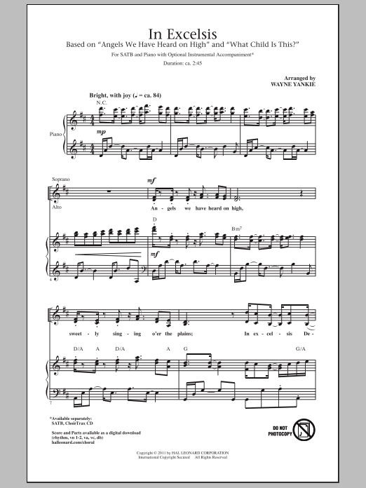 Wayne Yankie In Excelsis sheet music notes and chords. Download Printable PDF.