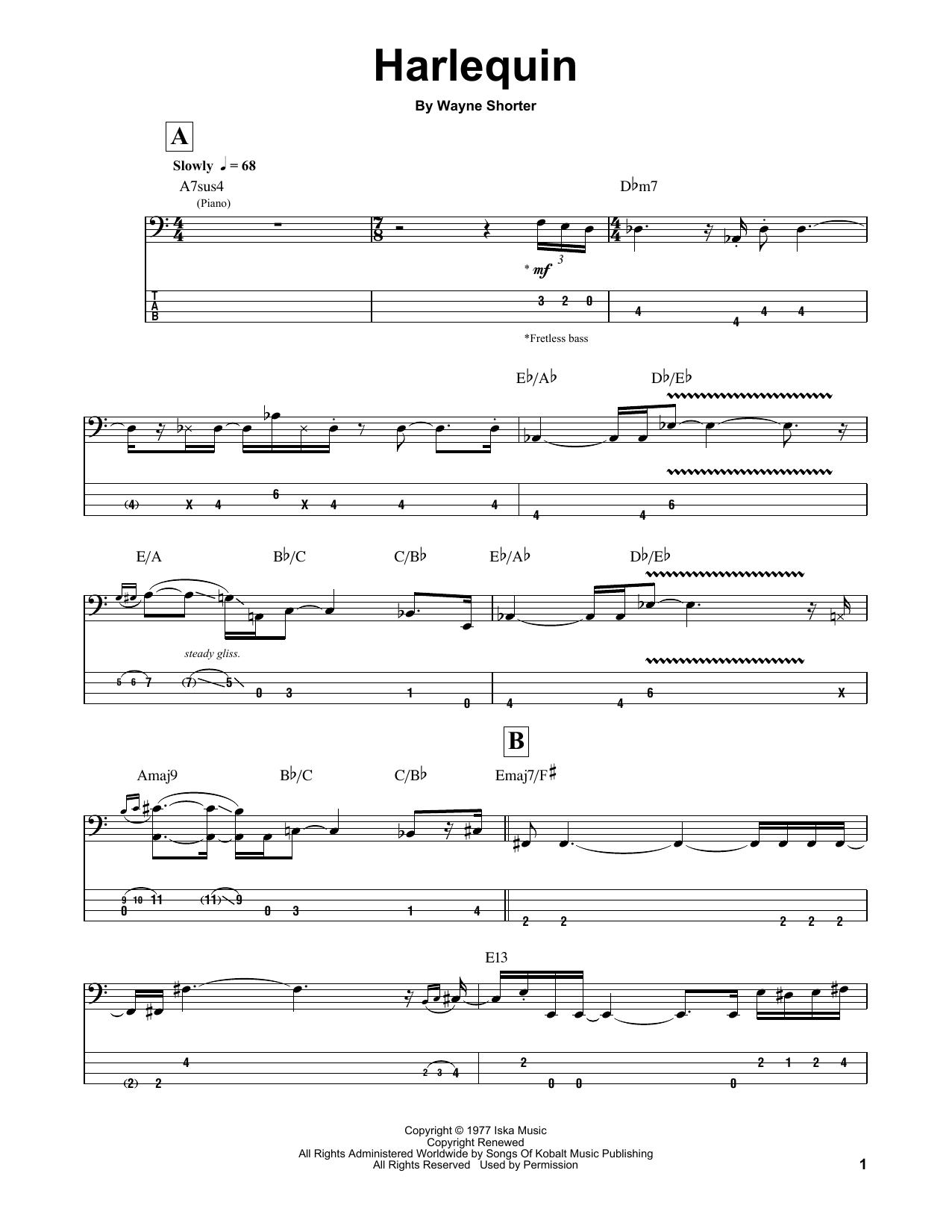 Learn to play Wayne Shorter Harlequin sheet music for Bass Guitar Tab in minutes. Price: 7.8900$ Wayne Shorter Harlequin sheet music notes and chords arranged for Bass Guitar Tab