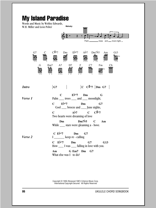 Webley Edwards My Island Paradise sheet music notes and chords arranged for Ukulele Chords/Lyrics