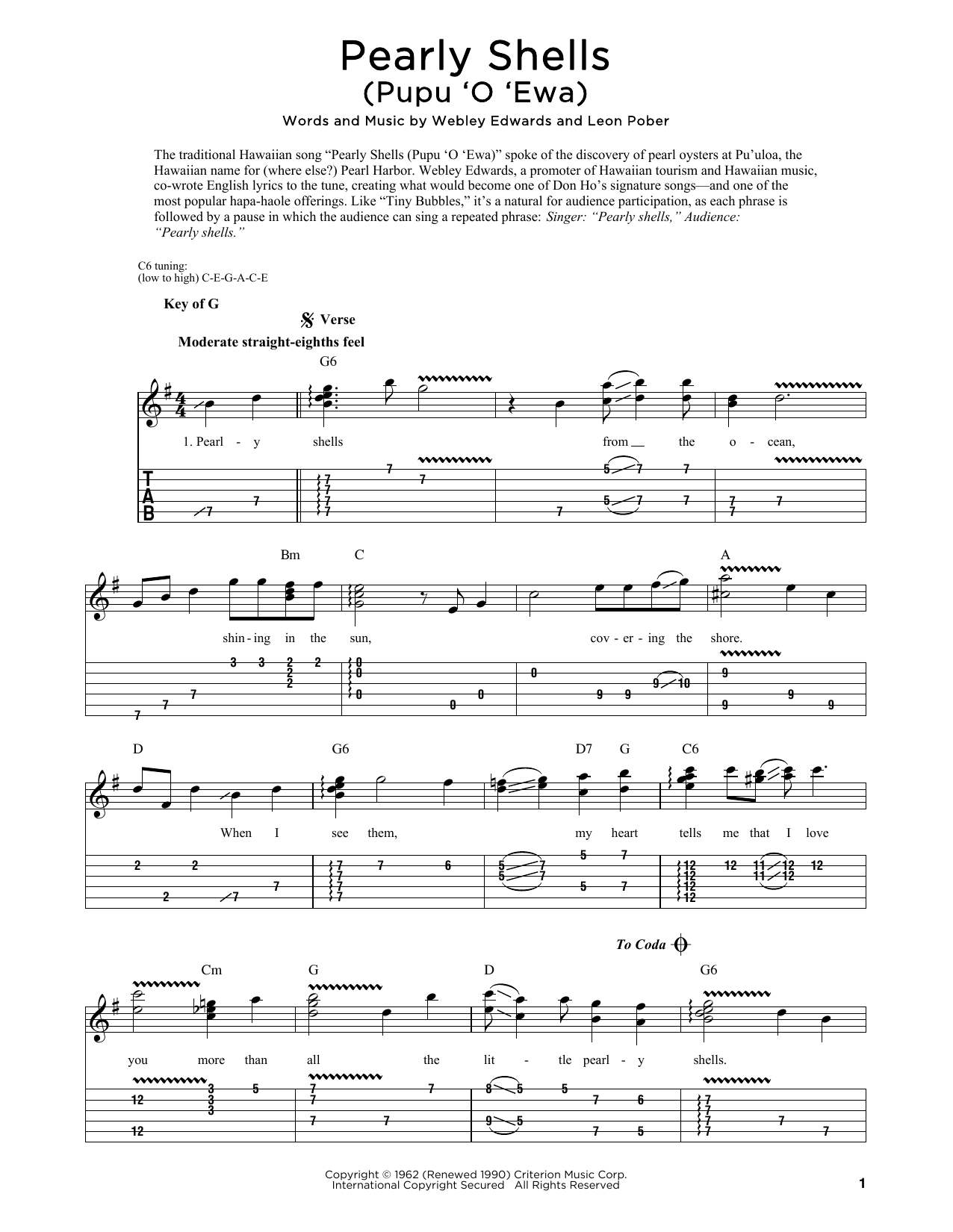 Webley Edwards Pearly Shells (Pupu O Ewa) (arr. Fred Sokolow) sheet music notes and chords. Download Printable PDF.