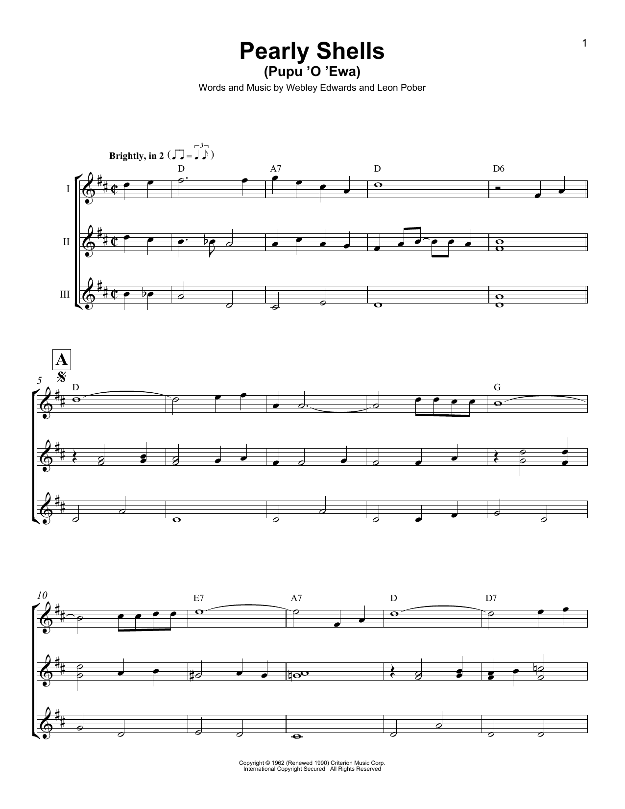 Webley Edwards Pearly Shells (Pupu O Ewa) sheet music notes and chords arranged for Ukulele Ensemble