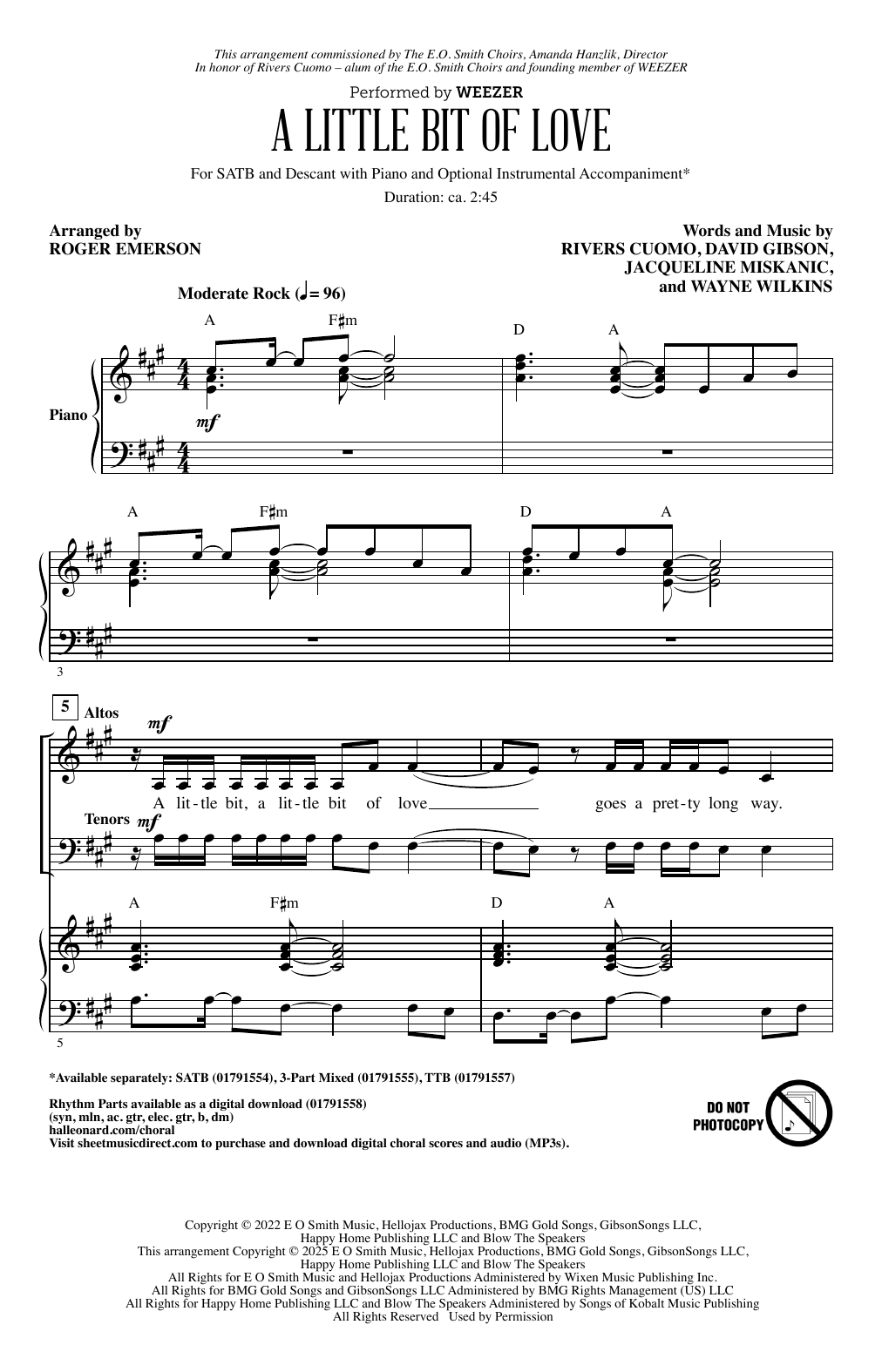 Learn to play Weezer A Little Bit Of Love (arr. Roger Emerson) sheet music for 3-Part Mixed Choir in minutes. Price: 3.9900$ Weezer A Little Bit Of Love (arr. Roger Emerson) sheet music notes and chords arranged for 3-Part Mixed Choir