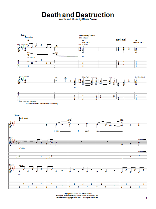 Learn to play Weezer Death And Destruction sheet music for Guitar Tab in minutes. Price: 7.8900$ Weezer Death And Destruction sheet music notes and chords arranged for Guitar Tab