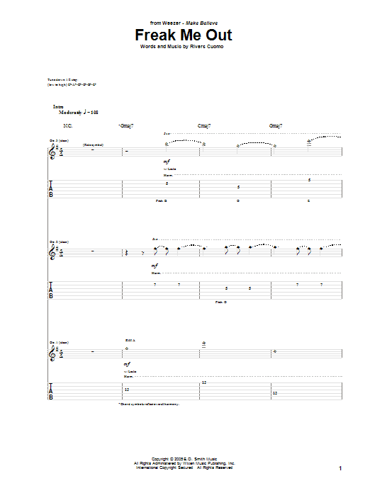 Learn to play Weezer Freak Me Out sheet music for Guitar Tab in minutes. Price: 7.8900$ Weezer Freak Me Out sheet music notes and chords arranged for Guitar Tab