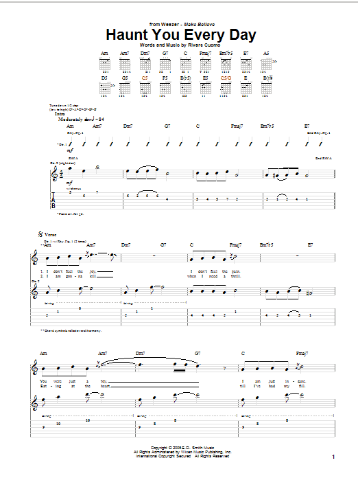 Weezer Haunt You Every Day sheet music notes and chords arranged for Guitar Tab
