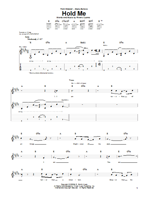 Learn to play Weezer Hold Me sheet music for Guitar Tab in minutes. Price: 7.8900$ Weezer Hold Me sheet music notes and chords arranged for Guitar Tab