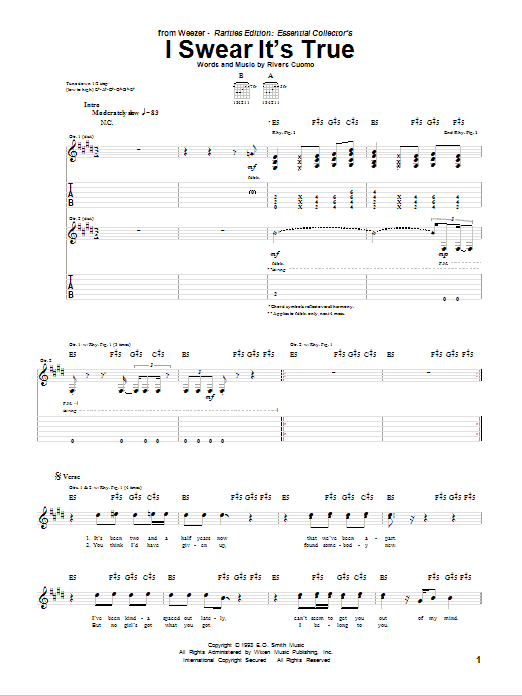 Weezer I Swear It's True sheet music notes and chords. Download Printable PDF.