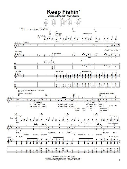 Learn to play Weezer Keep Fishin' sheet music for Guitar Tab in minutes. Price: 7.8900$ Weezer Keep Fishin' sheet music notes and chords arranged for Guitar Tab
