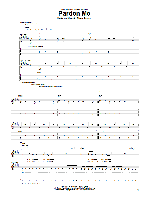 Learn to play Weezer Pardon Me sheet music for Guitar Tab in minutes. Price: 7.8900$ Weezer Pardon Me sheet music notes and chords arranged for Guitar Tab