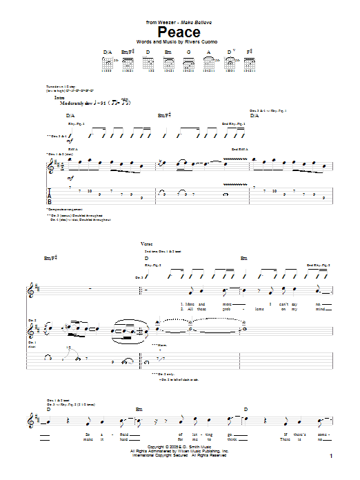 Learn to play Weezer Peace sheet music for Guitar Tab in minutes. Price: 7.8900$ Weezer Peace sheet music notes and chords arranged for Guitar Tab