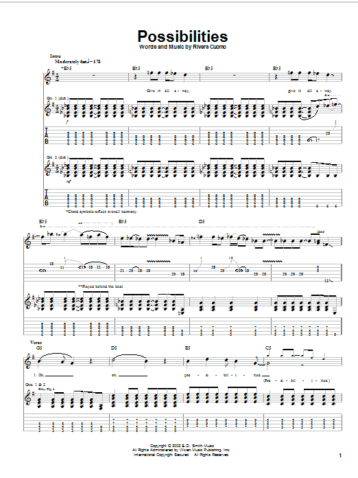 Learn to play Weezer Possibilities sheet music for Guitar Tab in minutes. Price: 7.8900$ Weezer Possibilities sheet music notes and chords arranged for Guitar Tab