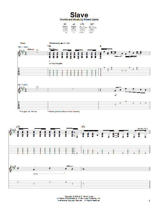 Learn to play Weezer Slave sheet music for Guitar Tab in minutes. Price: 7.8900$ Weezer Slave sheet music notes and chords arranged for Guitar Tab