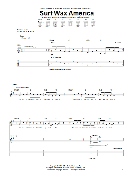 Weezer Surf Wax America sheet music notes and chords. Download Printable PDF.