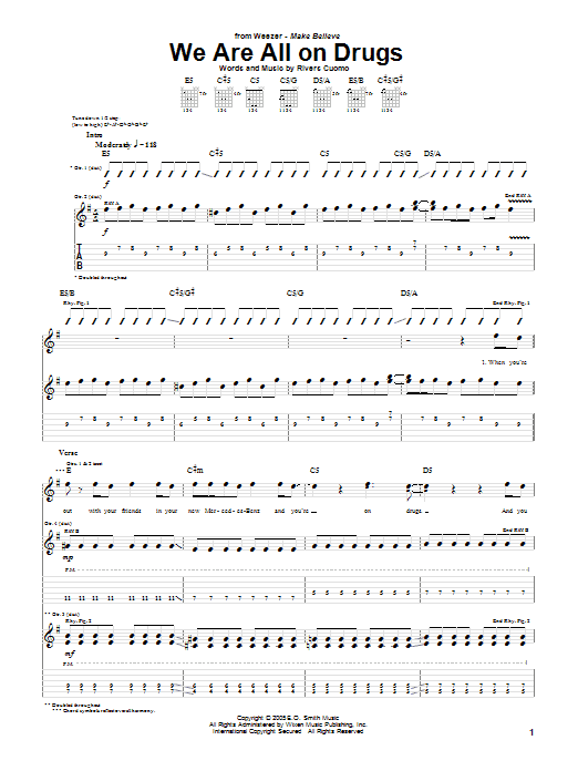 Learn to play Weezer We Are All On Drugs sheet music for Guitar Tab in minutes. Price: 7.8900$ Weezer We Are All On Drugs sheet music notes and chords arranged for Guitar Tab