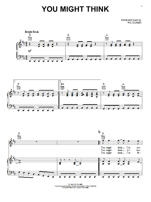 Learn to play Weezer You Might Think sheet music for Piano, Vocal & Guitar Chords (Right-Hand Melody) in minutes. Price: 7.8900$ Weezer You Might Think sheet music notes and chords arranged for Piano, Vocal & Guitar Chords (Right-Hand Melody)