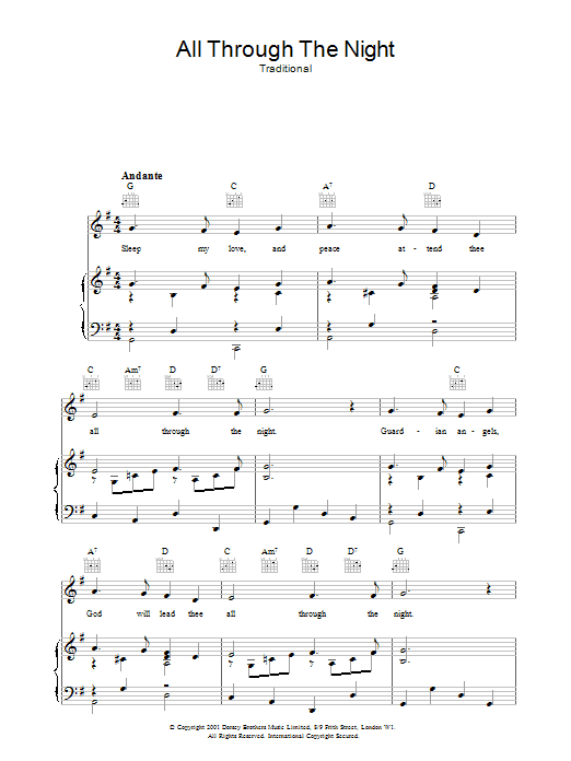 Welsh Folksong All Through The Night sheet music notes and chords arranged for Piano, Vocal & Guitar Chords