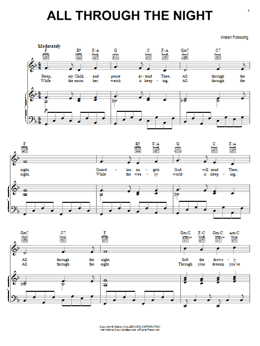 Welsh Folksong All Through The Night sheet music notes and chords. Download Printable PDF.