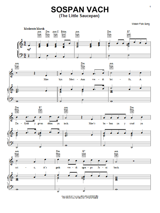 Learn to play Welsh Folksong Sospan Vach (The Little Saucepan) sheet music for Piano, Vocal & Guitar Chords (Right-Hand Melody) in minutes. Price: 7.8900$ Welsh Folksong Sospan Vach (The Little Saucepan) sheet music notes and chords arranged for Piano, Vocal & Guitar Chords (Right-Hand Melody)