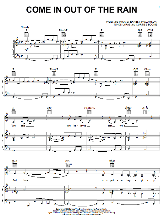 Learn to play Wendy Moten Come In Out Of The Rain sheet music for Piano, Vocal & Guitar Chords (Right-Hand Melody) in minutes. Price: 7.8900$ Wendy Moten Come In Out Of The Rain sheet music notes and chords arranged for Piano, Vocal & Guitar Chords (Right-Hand Melody)