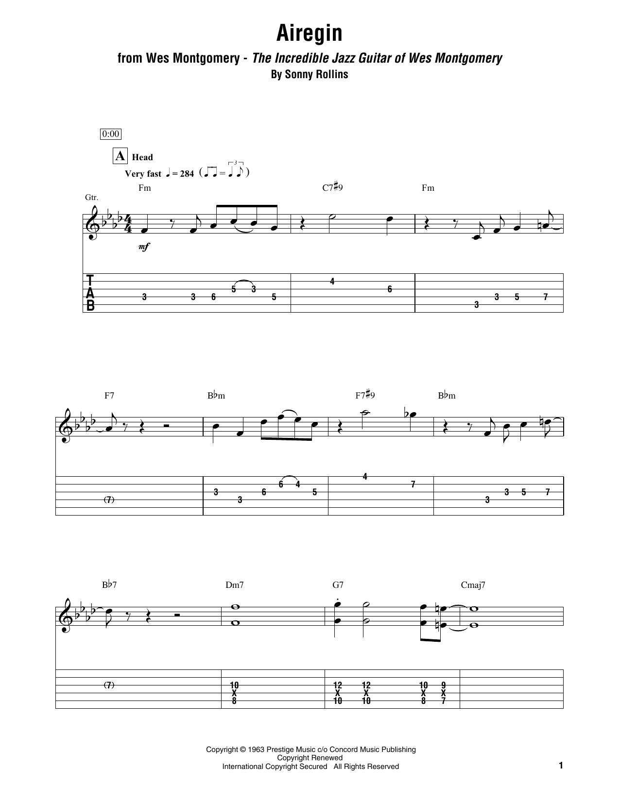 Wes Montgomery Airegin sheet music notes and chords. Download Printable PDF.