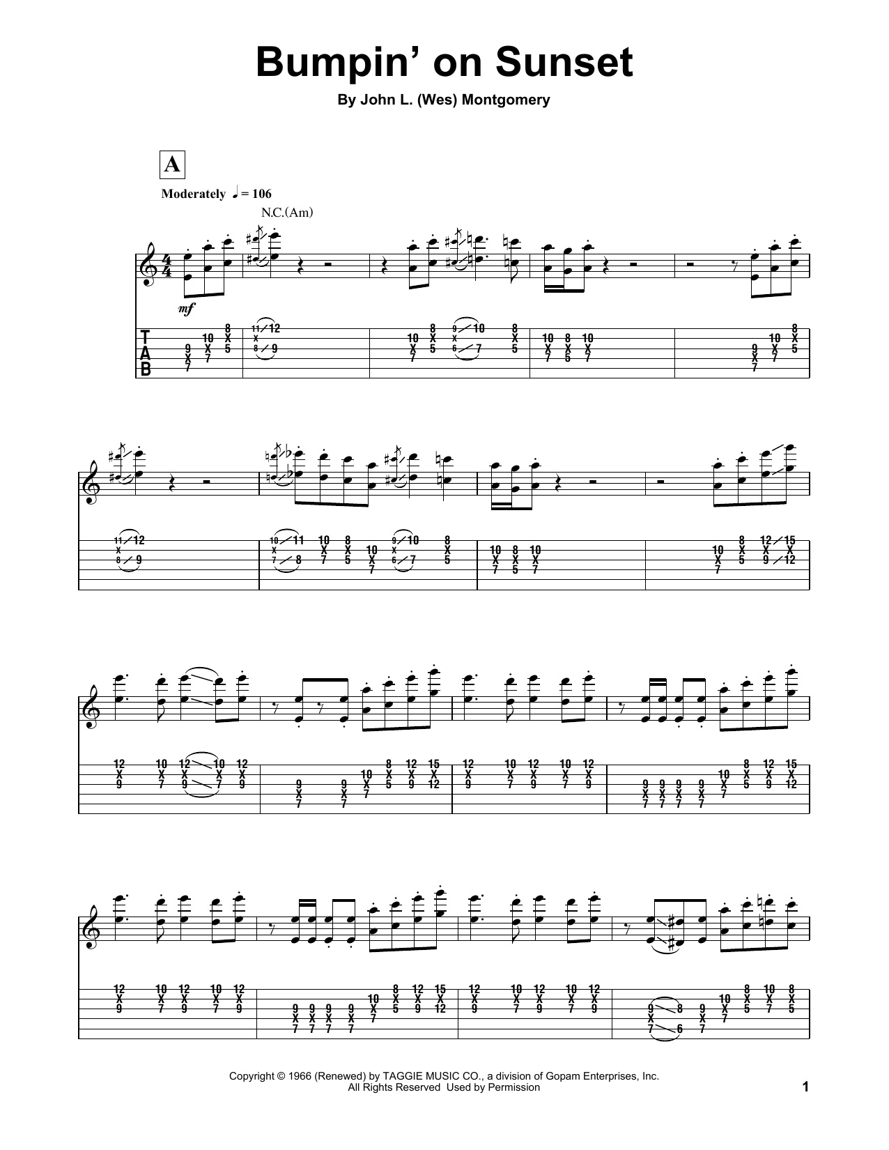 Wes Montgomery Bumpin' On Sunset sheet music notes and chords. Download Printable PDF.