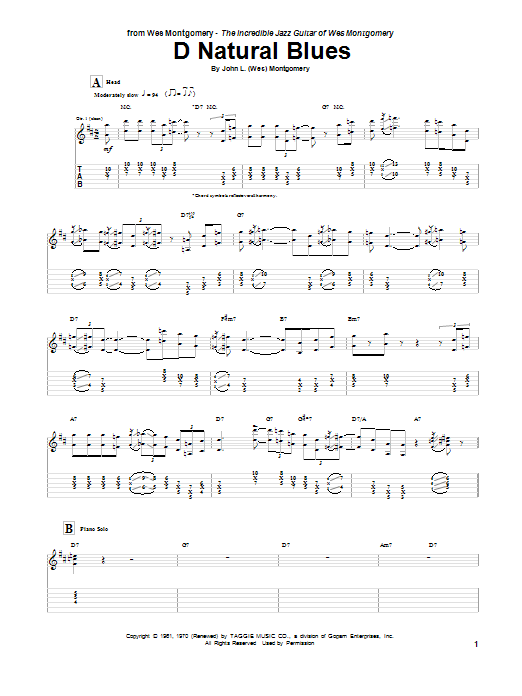 Wes Montgomery D Natural Blues sheet music notes and chords. Download Printable PDF.