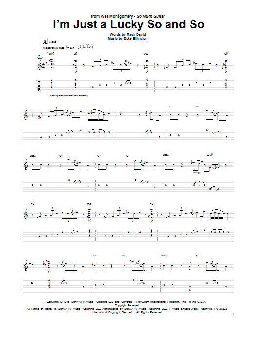 Learn to play Wes Montgomery I'm Just A Lucky So And So sheet music for Guitar Tab in minutes. Price: 7.8900$ Wes Montgomery I'm Just A Lucky So And So sheet music notes and chords arranged for Guitar Tab