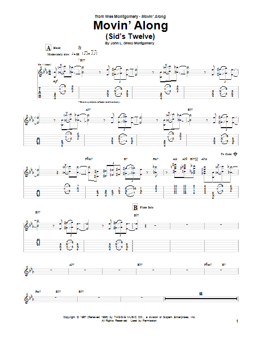 Wes Montgomery Movin' Along (Sid's Twelve) sheet music notes and chords. Download Printable PDF.