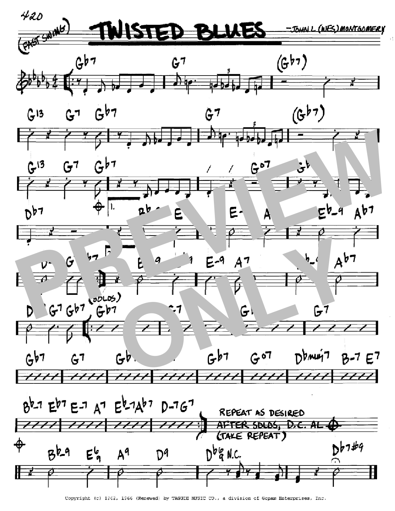 Wes Montgomery Twisted Blues sheet music notes and chords arranged for Real Book – Melody & Chords – C Instruments