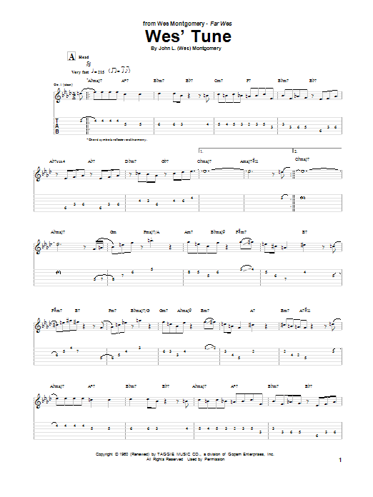 Learn to play Wes Montgomery Wes' Tune sheet music for Guitar Tab in minutes. Price: 7.8900$ Wes Montgomery Wes' Tune sheet music notes and chords arranged for Guitar Tab