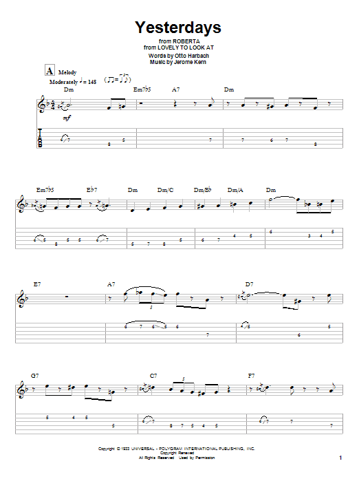 Wes Montgomery Yesterdays sheet music notes and chords. Download Printable PDF.