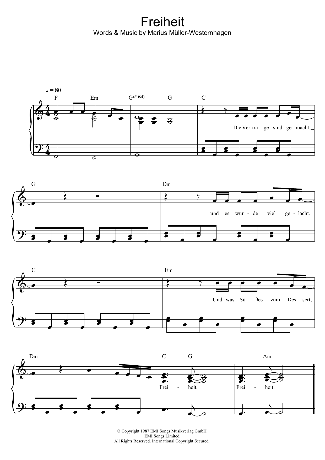 Marius Müller-Westernhagen Freiheit sheet music notes and chords arranged for Piano & Vocal