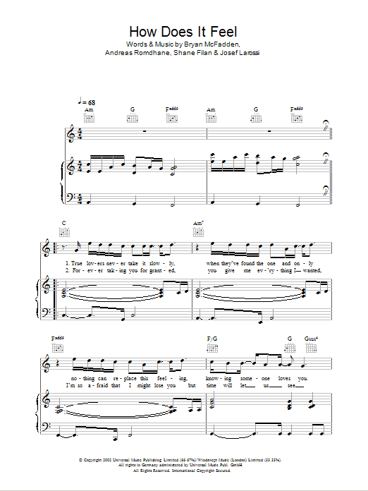 Learn to play Westlife How Does It Feel sheet music for Piano, Vocal & Guitar Chords in minutes. Price: 7.8900$ Westlife How Does It Feel sheet music notes and chords arranged for Piano, Vocal & Guitar Chords