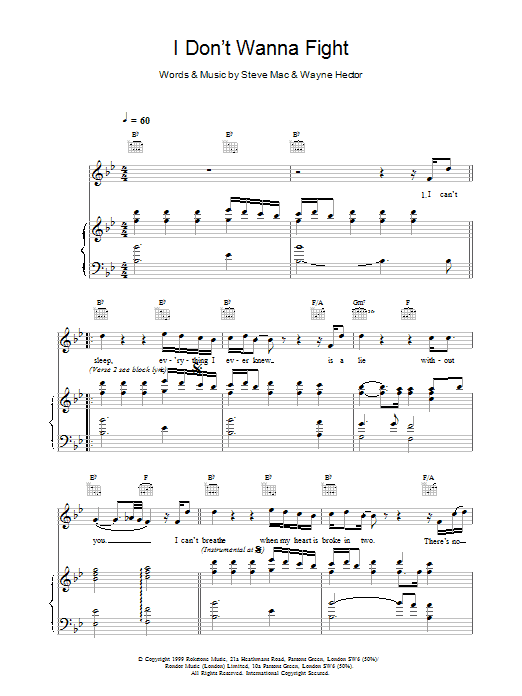 Westlife I Don't Wanna Fight sheet music notes and chords. Download Printable PDF.