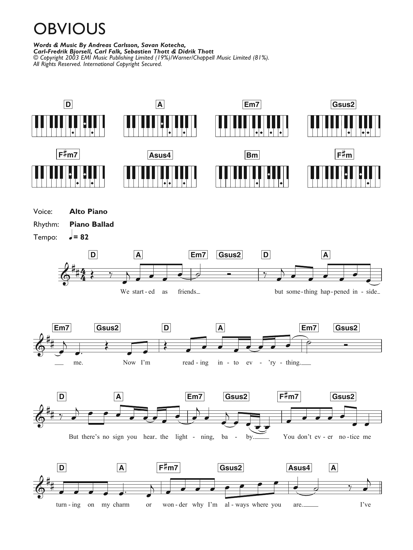 Westlife Obvious sheet music notes and chords arranged for Piano Chords/Lyrics