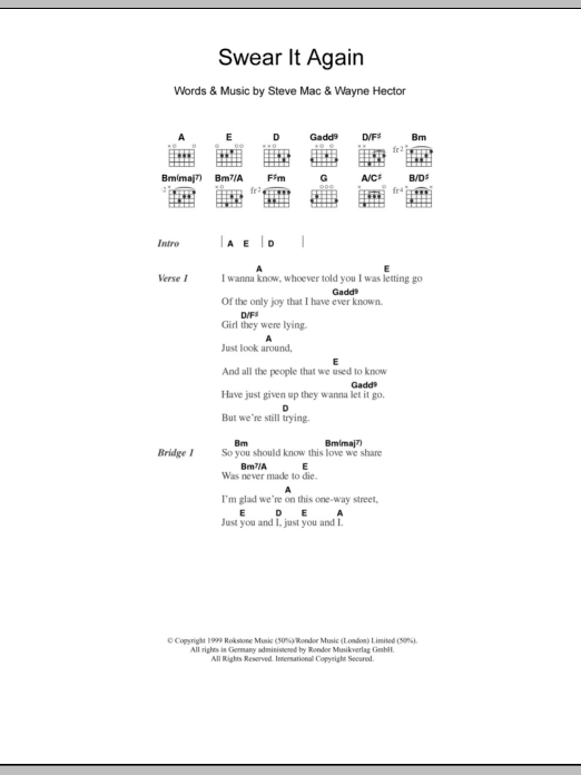 Westlife Swear It Again sheet music notes and chords arranged for Piano, Vocal & Guitar Chords