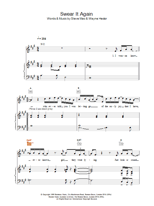 Westlife Swear It Again sheet music notes and chords. Download Printable PDF.