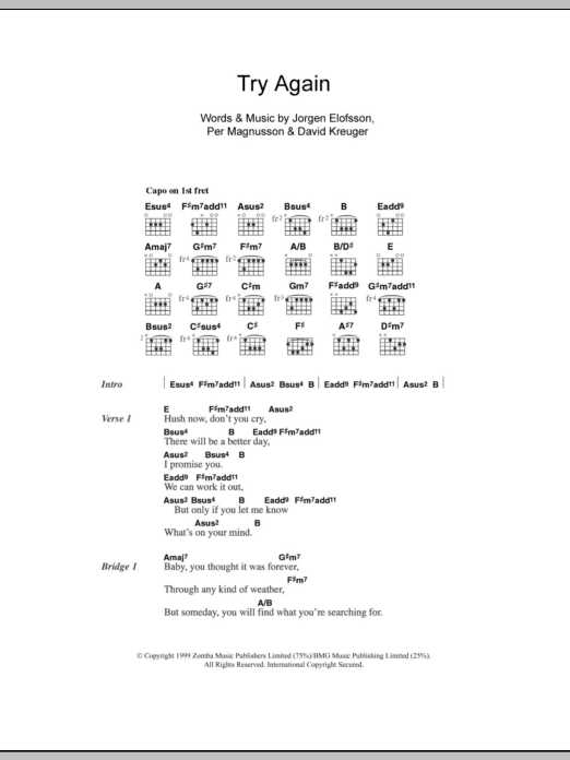 Westlife Try Again sheet music notes and chords arranged for Piano Chords/Lyrics