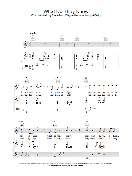 Learn to play Westlife What Do They Know sheet music for Piano, Vocal & Guitar Chords in minutes. Price: 7.8900$ Westlife What Do They Know sheet music notes and chords arranged for Piano, Vocal & Guitar Chords
