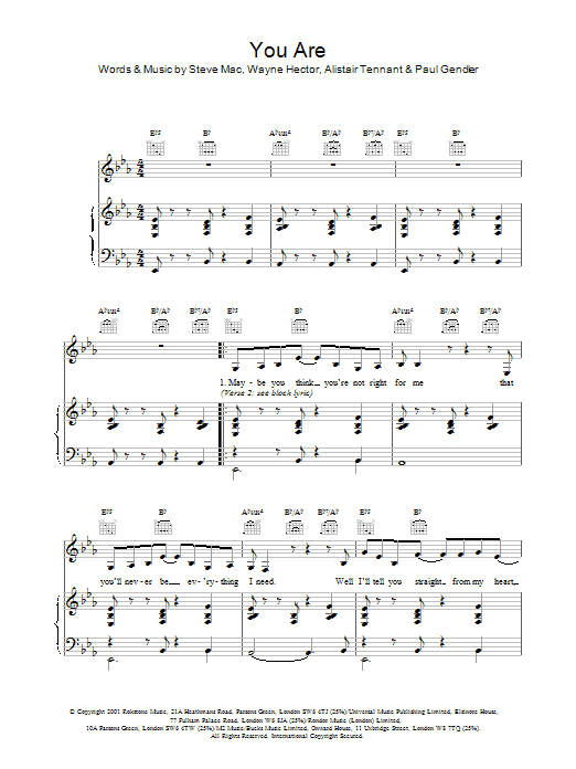Learn to play Westlife You Are sheet music for Piano, Vocal & Guitar Chords in minutes. Price: 7.8900$ Westlife You Are sheet music notes and chords arranged for Piano, Vocal & Guitar Chords