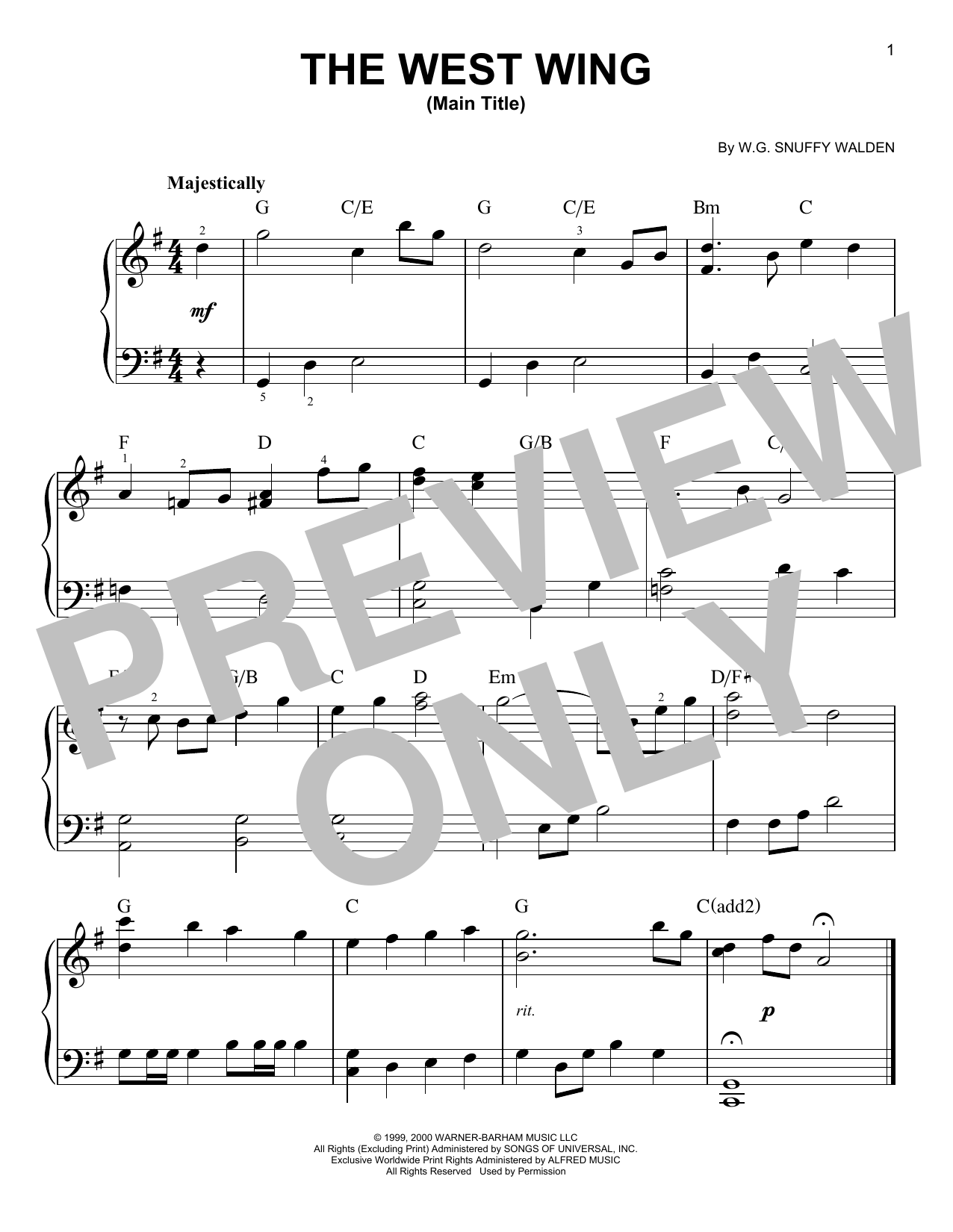 W.G. Snuffy Walden The West Wing (Main Title) sheet music notes and chords. Download Printable PDF.