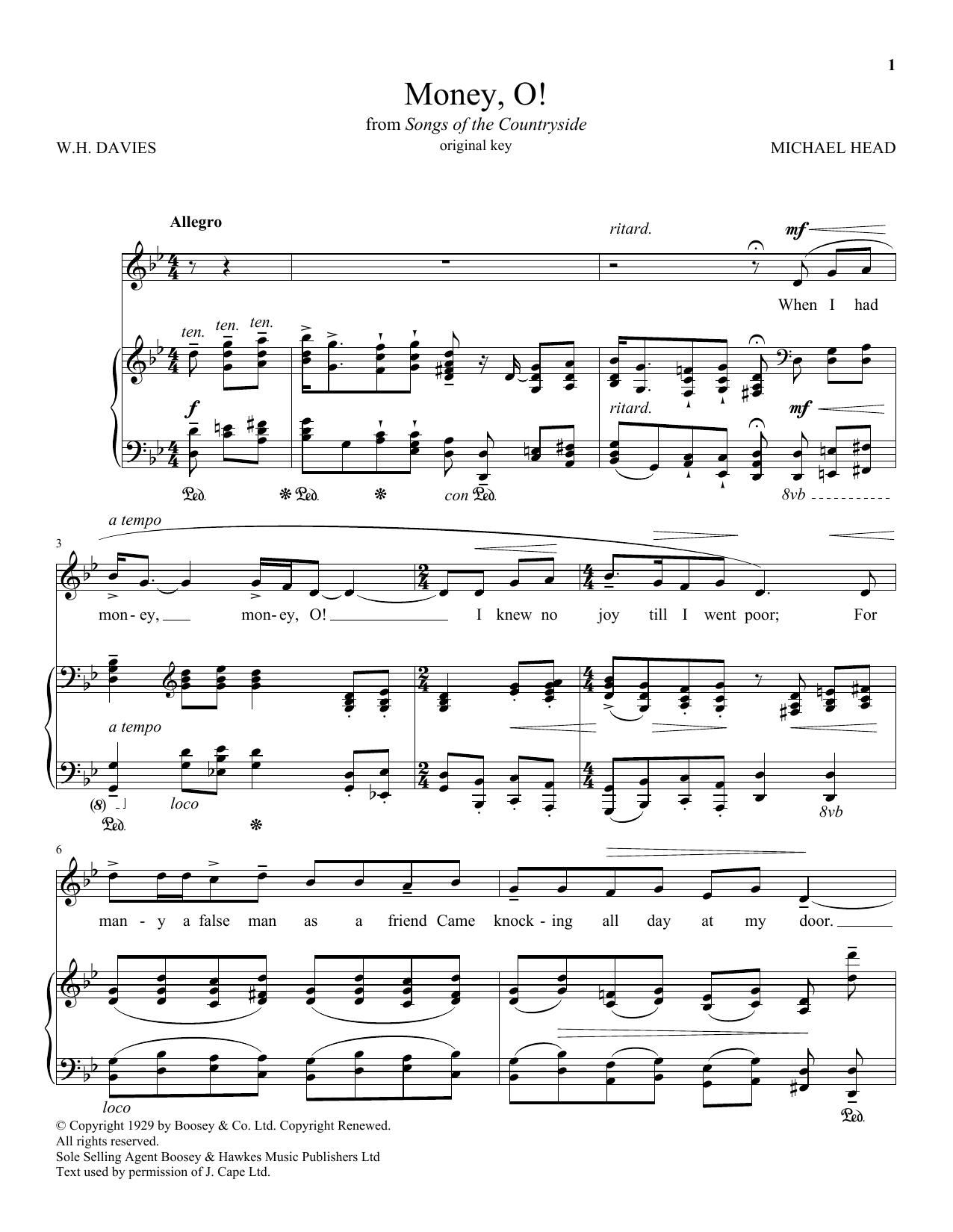 W.H. Davies Money, O! sheet music notes and chords. Download Printable PDF.