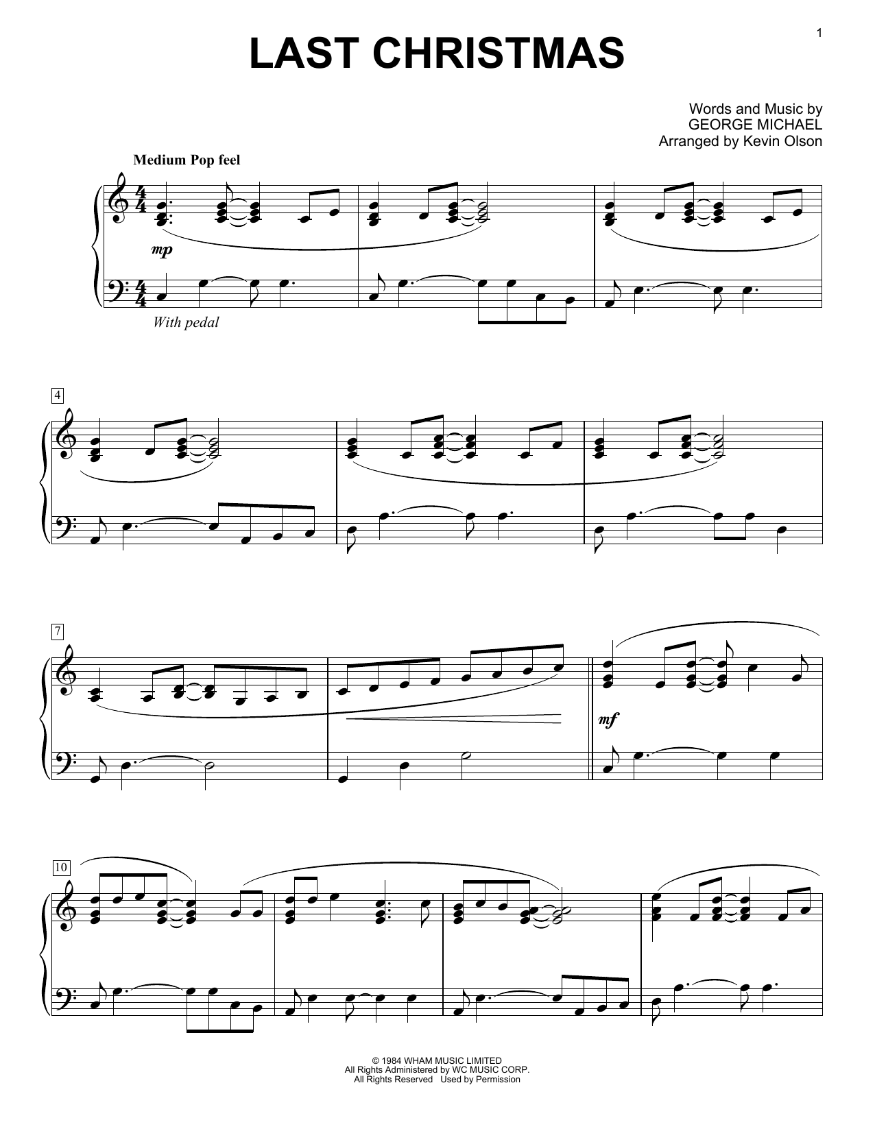 Wham! Last Christmas (arr. Kevin Olson) sheet music notes and chords. Download Printable PDF.