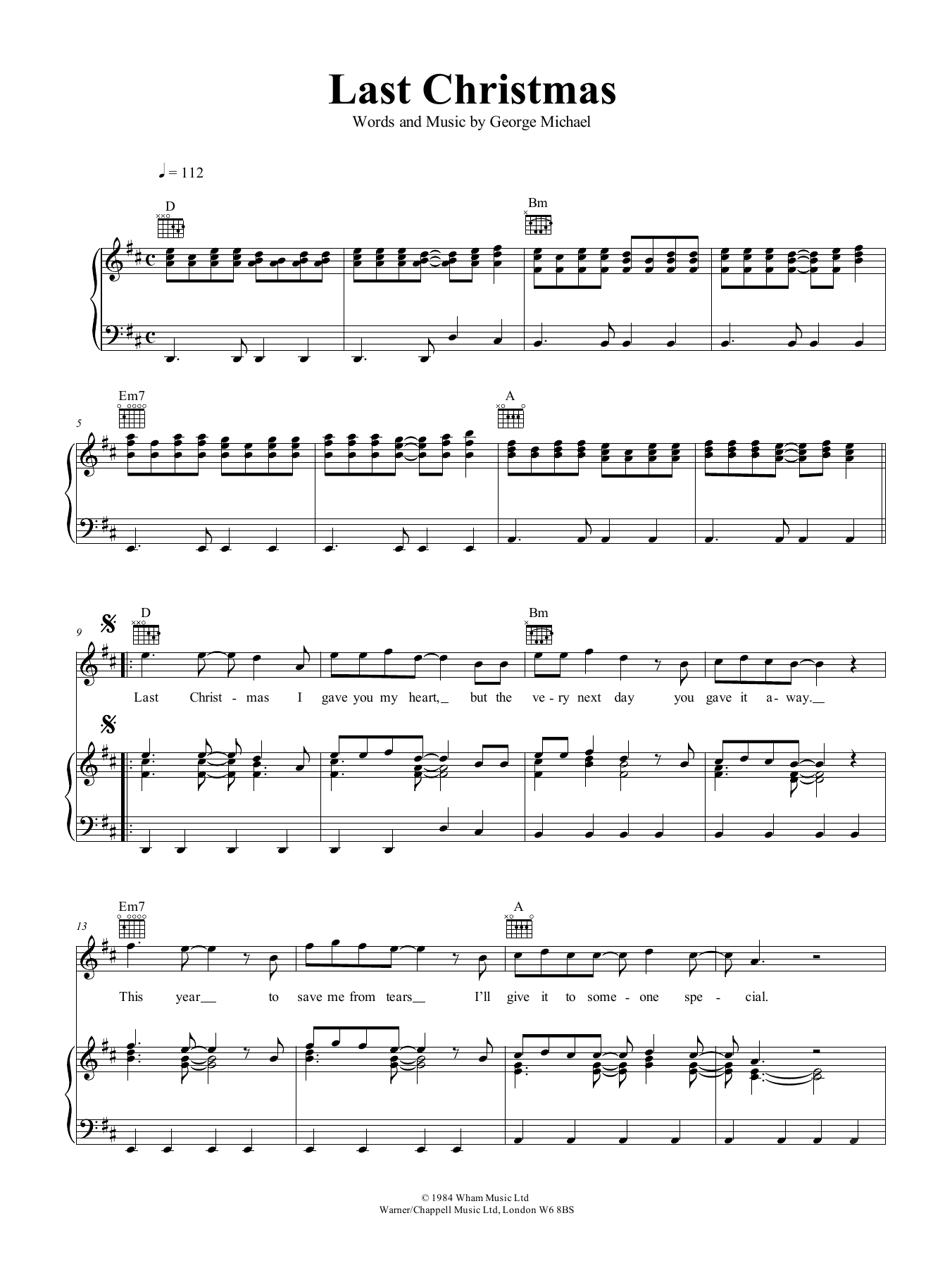 Wham! Last Christmas sheet music notes and chords. Download Printable PDF.