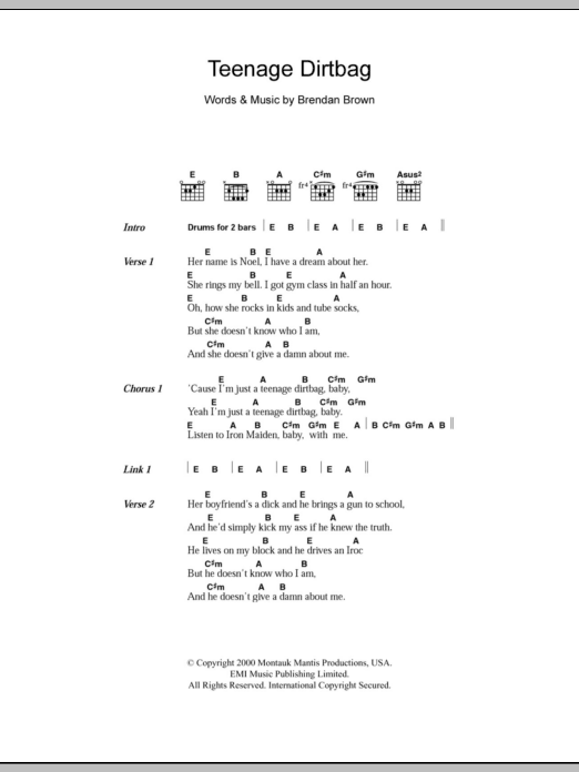 Wheatus Teenage Dirtbag sheet music notes and chords. Download Printable PDF.