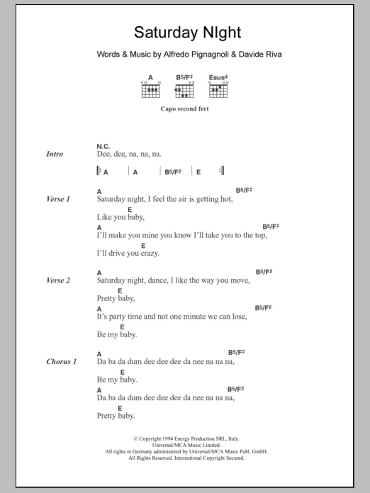 Whigfield Saturday Night sheet music notes and chords. Download Printable PDF.