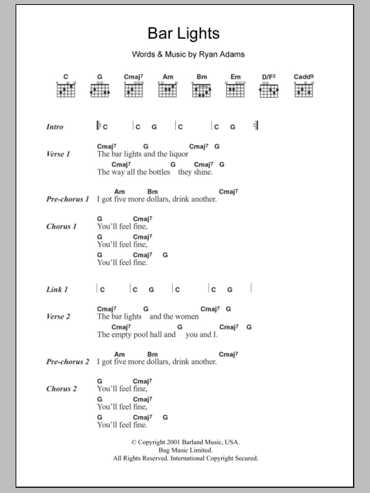 Whiskeytown Bar Lights sheet music notes and chords arranged for Guitar Chords/Lyrics