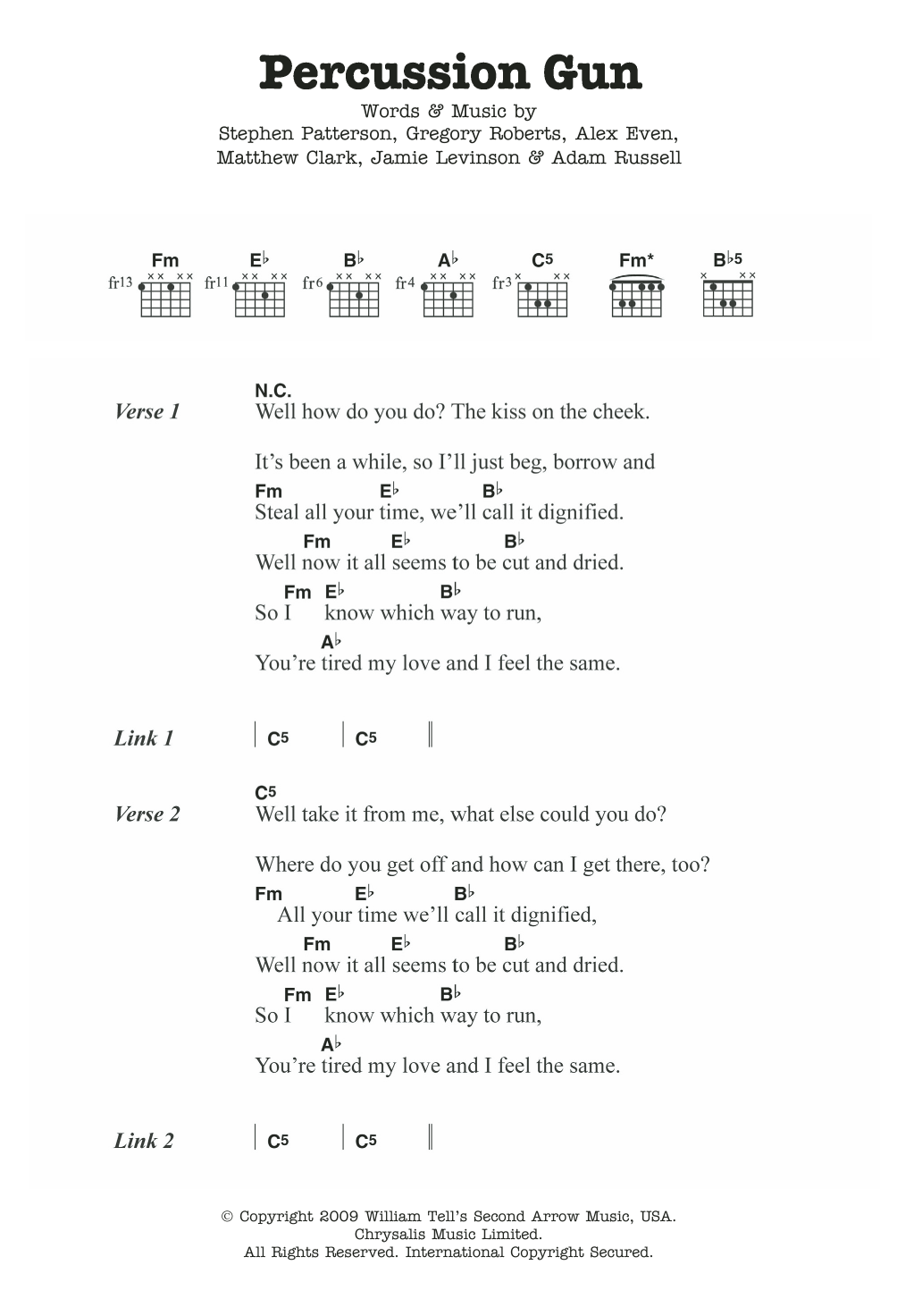 White Rabbits Percussion Gun sheet music notes and chords arranged for Guitar Chords/Lyrics